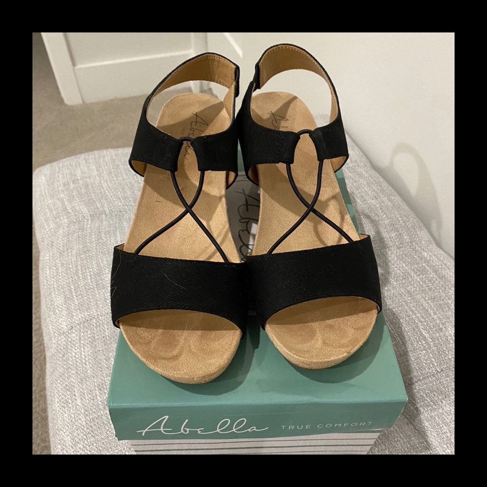 Abella Black Canvas Wedge Shoes - Picture 3 of 5